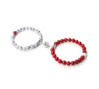 Gualiy 2 Pezzo Bracciale Pietra Donna, Bracciale in Turchese Bianco e Rosso da 8 MM con Fiore Braccialetto Uomo 18CM