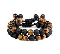 Gualiy 2 Pezzo Bracciale Pietra Naturale Uomo, Bracciale in Pietra Lavica con Occhio di Tigre da 8 MM Bracciali Donna Regolabile 17-30CM