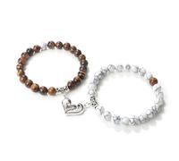 Gualiy 2 Pezzo Bracciale Pietre Unisex, Bracciale Turchese con Occhio di Tigre da 8 MM e Cuore Bracciali Uomo Elastico 18-19CM