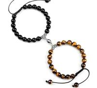 Gualiy 2 Pezzo Bracciale Uomo Pietra, Bracciale in Occhio di Tigre con Pietra Lucida da 8 MM Braccialetto Donna 17-30CM