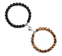 Gualiy 2 Pezzo Bracciali Uomo con Perline, Bracciale in Occhio di Tigre con Pietra Lucida da 8 MM e Cuore Bracciale Perline Elastico 18CM