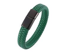 Gualiy Bracciale Cuoio Uomo, Bracciale Acciaio Uomo Inossidabile Verde Intrecciato Bracciale con Nero Fibbia 20.5CM Lunghezza Bracciali Punk Rock