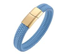 Gualiy Bracciale da Uomo Cuoio, Bracciale Acciaio di Uomo Celeste Intrecciato Bracciale con Oro Fibbia 16.5CM Lunghezza Bracciale Biker Uomo