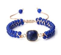 Gualiy Bracciale Perle Naturali Donna, Bracciale in Lapislazzuli Blu Scuro da 4 MM con Ciondolo Quadrato Braccialetto Uomo Regolabile 17-28CM