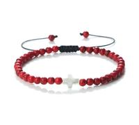 Gualiy Bracciale Perline Donna, Turchese Rosso da 4 MM con Croce Bracciale Perline Regolabile 17-28CM