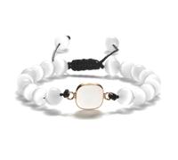 Gualiy Bracciale Pietra Naturale Uomo, Bracciale con Pietra Occhio di Gatto Bianca da 8 MM e Ciondolo Quadrato Bracciali Perline 17-28CM