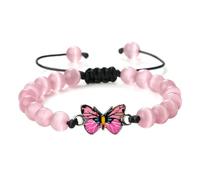 Gualiy Bracciale Pietre Donna, Bracciale con Occhio di Gatto Rosa da 8 MM e Farfalla Bracciali Pietra 17-28CM