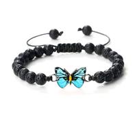 Gualiy Bracciale Pietre Naturali, Bracciale in Pietra Lavica da 6 MM con Farfalla Bracciali Uomo Regolabile 17-28CM