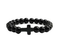 Gualiy Bracciale Pietre Naturali, Bracciale in Pietra Nera Lucida da 8 MM con Croce Bracciali Uomo Elastico 19CM