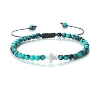 Gualiy Bracciale Pietre Naturali, Turchese Verde 4 MM con Croce Bracciali Pietra Uomo Donna 17-28CM