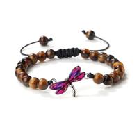 Gualiy Braccialetto in Pietra Marrone, Bracciale in Occhio di Tigre da 8 MM con Libellula Rosso Rosa Bracciali Uomo Regolabili 17-28CM