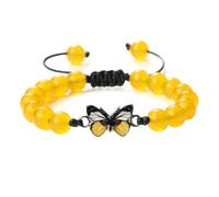 Gualiy Bracciali Uomo con Perline, Bracciale in Pietra Gialla da 6 MM con Farfalla Braccialetto Donna Regolabile 17-28CM