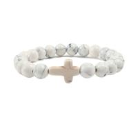 Gualiy Bracciali Uomo Perline, Bracciale Turchese Nero da 8 MM con Croce Braccialetto Donna Elastico 17CM