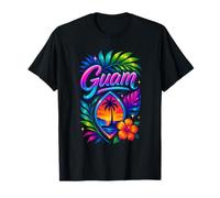 Guam Tramonto Tropicale Con Palma E Fiori Maglietta