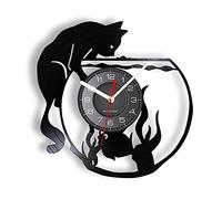 Guang trading 30cm Orologio Vinile Orologio da parete al quarzo silenzioso con arte del pesce che cattura il gatto per soggiorno Orologio da parete retrò con orologio da record riproposto