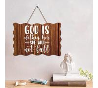 Guangpat Cartello in legno rustico con scritta in lingua inglese "God Is Within Her She Will Not Wall Art Retro Scripture Wood Plaque Farmhouse Wall Decor for Home Man Cave Door Portico Garden Party