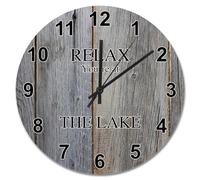 Guangpat Country Wood Grain Art Orologio da parete in legno a batteria 38 cm Relax You're At The Lake Clock Silent Coastal Decor per cucina, soggiorno, camera da letto, aula