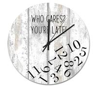 Guangpat Orologio da parete in legno bianco con scritta "Who Cares You're Late", 38 cm, funzionamento a batteria, silenzioso, decorazione da parete per casa, cucina, ufficio, scuola, bagno