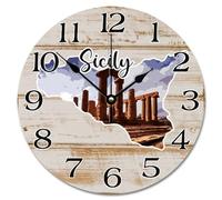 Guangpat Orologio da parete in legno con mappa della Sicilia, paesaggio della città, funzionamento a batteria, 38 cm, da appendere alla parete, decorazione moderna per la casa, soggiorno, cucina,