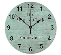 Guangpat Orologio da parete in legno con venature del legno, stile retrò, colore: blu foglia di tè, con scritta "It's Wine O'clock Somewhere", 30,5 cm, funzionamento a batteria, decorazione per