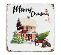 Guangpat Targa in metallo con cane Shiba Inu con camion rosso e notte di Natale, decorazione rustica da parete per camera da letto, cucina, bar, ufficio, garage, 30,5 x 30,5 cm