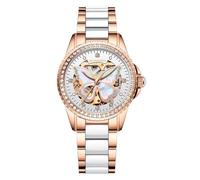 Guanqin Orologio da polso da donna con scheletro, automatico, automatico, con strass, con zaffiro su entrambi i lati, impermeabile, in acciaio luminoso e cinturino in ceramica o pelle, Gqgj16129 Rosa