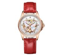 Guanqin Orologio da polso da donna con scheletro, automatico, automatico, con strass, con zaffiro su entrambi i lati, impermeabile, in acciaio luminoso e cinturino in ceramica o pelle, Gqgj16129 Rosso