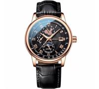 Guanqin Orologio da polso da uomo, multifunzione, automatico, a carica automatica, con zaffiro, calendario aziendale, settimana, fasi lunari, impermeabile, in acciaio inox o cinturino in pelle, Pelle
