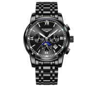Guanqin Orologio da polso meccanico da uomo, multifunzione, automatico, automatico, con vetro zaffiro, calendario aziendale, settimana, fasi lunari, impermeabile, cinturino in acciaio inox, Nero