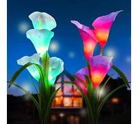 GUANSHAN 2 luci solari da esterno PC, luci solari a fiore di giglio di calla, luce solare a LED a fiore, cambio di luce a 7 colori, perfetto per giardino, cortile, patio, passerella (rosso + viola)