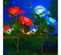 GUANSHAN 2 PC Luci solari per esterni, Luci solari a fiore di rosa, Lampada solare a fiore di rosa, Luce a prato solare a led, Perfetta per giardino, Cortile, Patio, Passerella (rosso + blu)