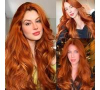 GUANSHAN Parrucca riccia lunga arancione rosso Parrucche anteriori in pizzo a onda grande Parrucche anteriori in pizzo sintetico Capelli resistenti al calore con peli del bambino per donne, 26"