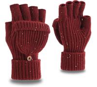 Guanti A Mezza Dita in Maglia Caldi Da Uomo E Da Donna Per Autunno E Inverno Guanti Da Equitazione Alla Moda Per Interni Per L'apprendimento Per Lo Sport E L'aria Aperta (Borgogna con paillettes)