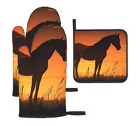 Guanti da cucina colorati resistenti al calore con cavallo al tramonto, cuscinetti caldi, roba da panettiere, regali da cucina per amanti della cucina cuochi mamma