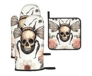 Guanti da cucina colorati resistenti al calore, motivo: un'ape con uno scheletro dietro di essa, cuscinetti caldi, simpatici prodotti da forno, regali per la cucina per gli amanti della cucina e la