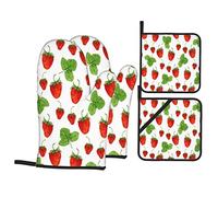 Guanti da forno e presine con stampa bianca per piante di fragole e frutta, set di 4 guanti da forno resistenti al calore, antiscivolo, per cucinare in cucina