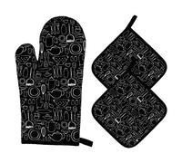 Guanti da Forno e Presine da Cucina Set di Guanti da Forno Resistenti al Calore Pratico Cotone Fodera Guanti da Barbecue per Cucinando Cottura Grigliare BBQ 3 Pezzi (Nero)