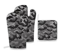 Guanti da forno e presine grigi a forma di pipistrelli di Halloween, set da 3, resistenti al calore, per la cucina, per cucinare, come regalo.