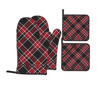 Guanti da forno e presine in tartan rosso e nero per tovaglie a quadri, set da 4 pezzi, guanto da forno in cotone resistente al calore per cucina, barbecue, cottura