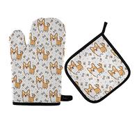 Guanti Da Forno E Presine Set Cute Corgi Corgi And Dog Bones Guanti Da Cucina Donna Riutilizzabile Set Di Presine Da Cucina, Per Pasqua, Primavera/Estate, Forno A Microonde