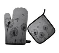 Guanti da forno e presine, set da 2 pezzi, con libellula volante e denti di leone, set di guanti da forno in tessuto per cucinare e cuocere al forno