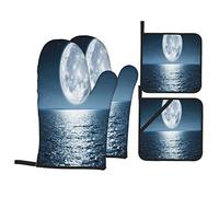 Guanti da forno e presine Set di 4, Blu Full Moon Rising Dark Eternity Over Empty Luna Ocean Nature Landscape Night Moonlight Bay, Cuscinetti riscaldanti resistenti con guanti antiscivolo in polie