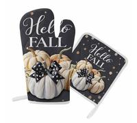 Guanti da forno per la cucina del Ringraziamento autunnale, guanti da forno a forma di zucca, set di presine a pois neri, set di presine per barbecue, cottura al forno, grigliate, resistenza al calor