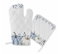Guanti da forno per la cucina del Ringraziamento autunnale, guanti da forno bianchi a forma di zucca, set di presine blu, set di presine per barbecue, cottura al forno, grigliate, resistenza al calor