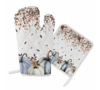 Guanti da forno per la cucina del Ringraziamento autunnale, guanti da forno blu a forma di zucca, set di presine con fiori e foglie, set per barbecue, cottura al forno, grigliate, resistenza al calor