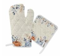 Guanti da forno per la cucina del Ringraziamento autunnale, guanti da forno blu con zucca, set di presine con foglie, floreali, vintage, per barbecue, cottura al forno, grigliate, resistenza al calor