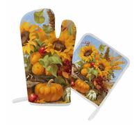 Guanti da forno per la cucina del Ringraziamento autunnale, set di presine con girasole e, set di presine con pittura floreale di zucca per barbecue, cottura al forno, grigliate, resistenza al calor