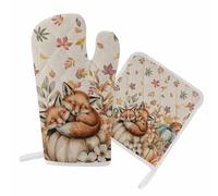 Guanti da forno per la cucina del Ringraziamento autunnale, set di presine con motivo a e foglie d'acero, set di presine retrò floreali per barbecue, cottura al forno, grigliate, resistenza al calor