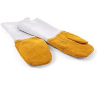 HENDI Muffole da Barbecue, 1 Paio, Resistenti al Calore fino a 100°C, in Pelle Bovina, Guanti di Protezione Termica per Forno, Griglia o Cucina, Lunghezza 46cm, Giallo Senape e Grigio