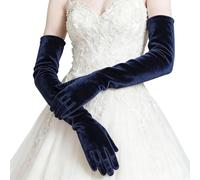 Guanti lunghi da donna in raso, elastici, lunghezza al gomito, elastici, stile retrò, per banchetti, in velluto, per autunno e inverno, Blu, 85